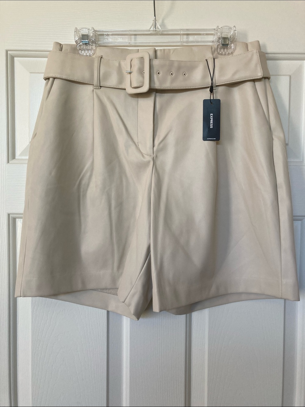 Express Cream High-Rise Belted Faux Leather Shorts